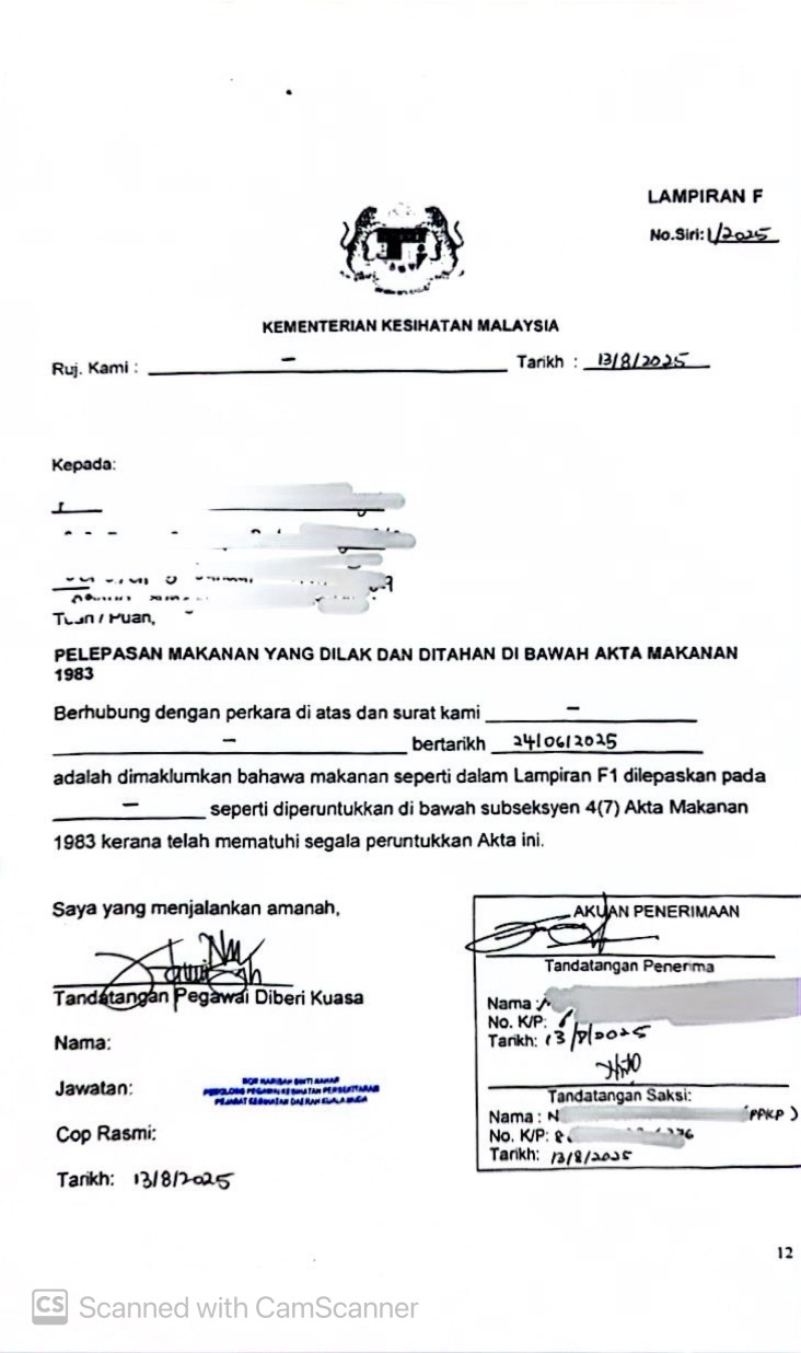 Pelepasan Makanan KKM - Lampiran F